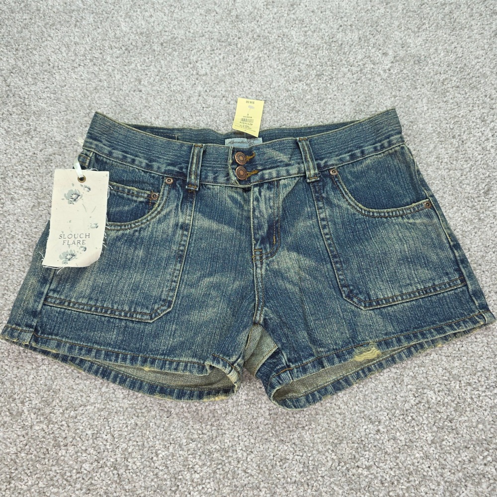 Vintage Y2K Abercrombie & Fitch Slouch Flare Denim Shorts Womens 8 Blue Low Rise